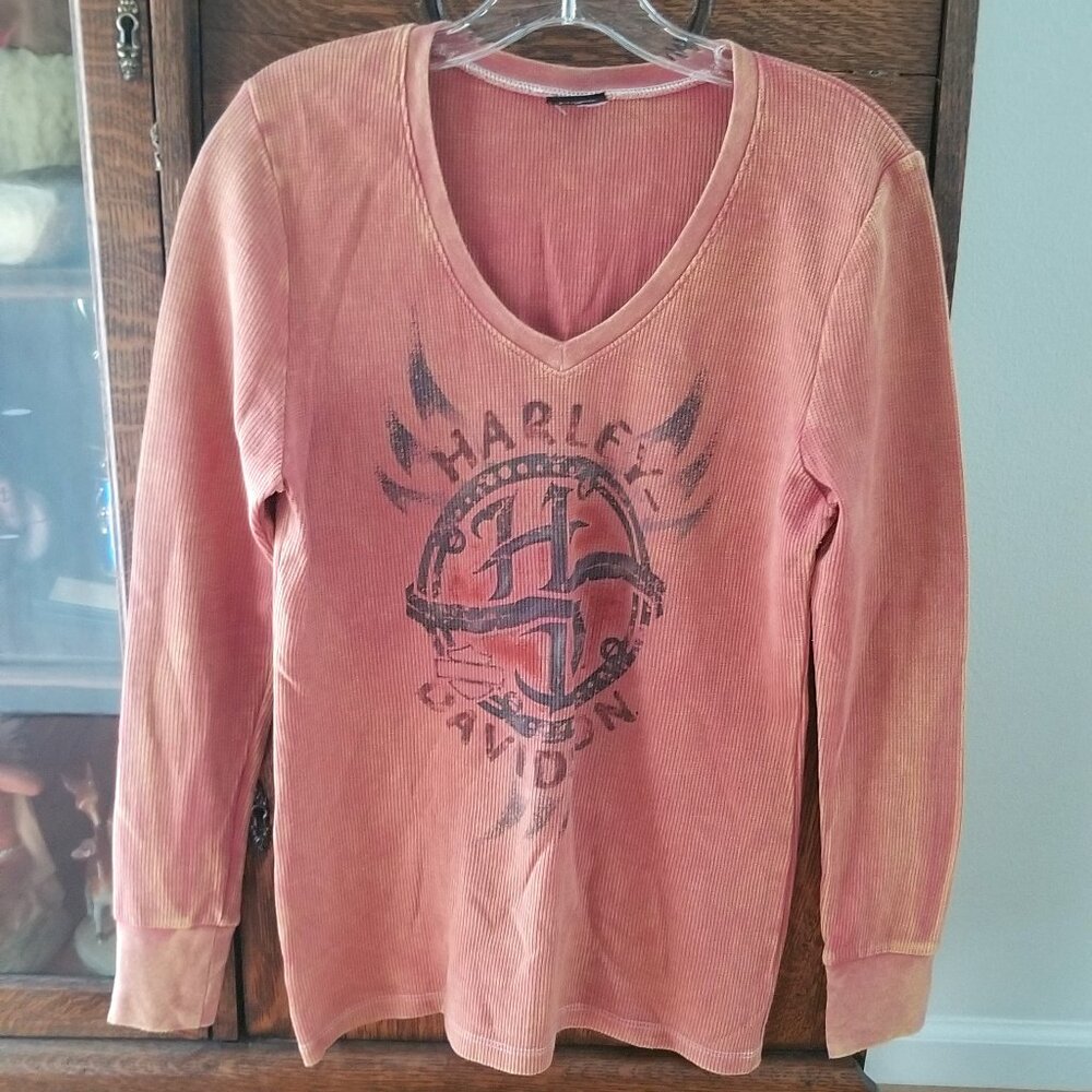 Harley Davidson V-Neck Thermal Textured Long Sleeve Shirt Top | Sz. Medium